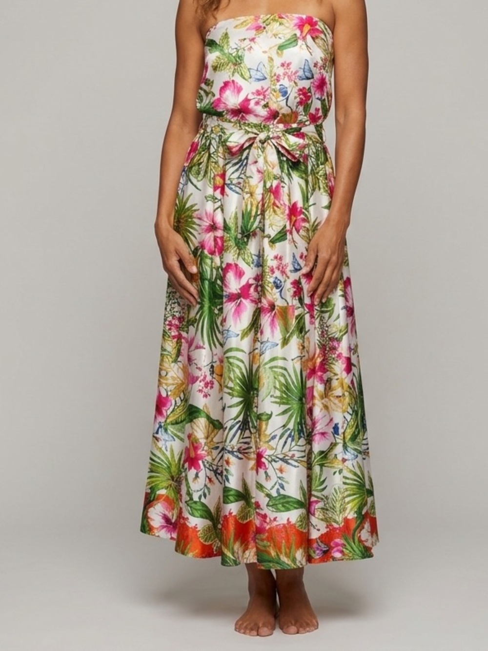 TRULY 4 YOU Tropical Floral Satin Maxi Skirt‎ Women's Size L Elastic Waist Flowy